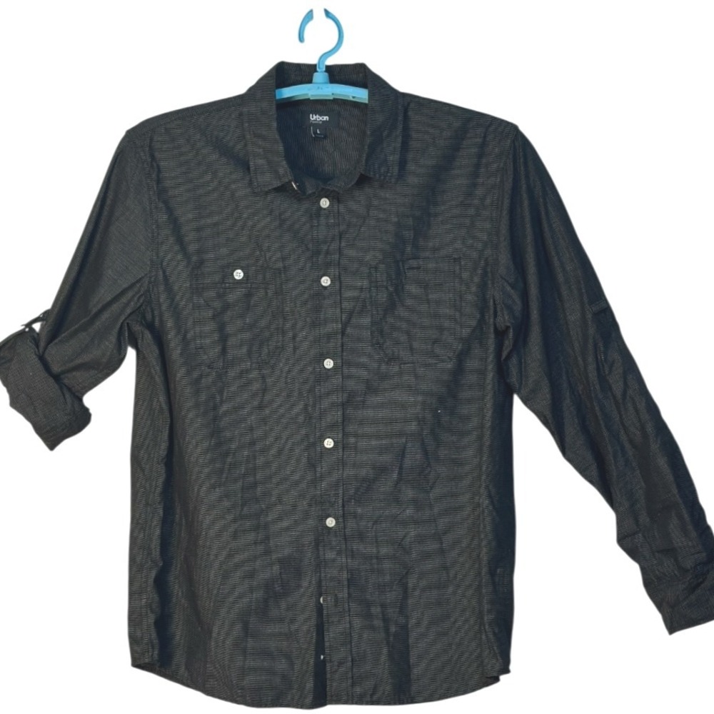 Urban Pipeline Shirt Long Roll‎ Tab Sleeve Button Up Black Pinstripe Casual L